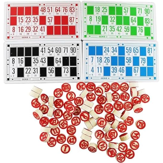 rayihni BINGO LOTTERY GAMES 48 BOXES, 90 TOKENS 2 PAGES AND 100 PLASTIC BOOKMARKS 4 COLOURS - Image 2
